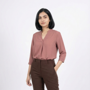 Mauve V-neck blouse + brown trousers