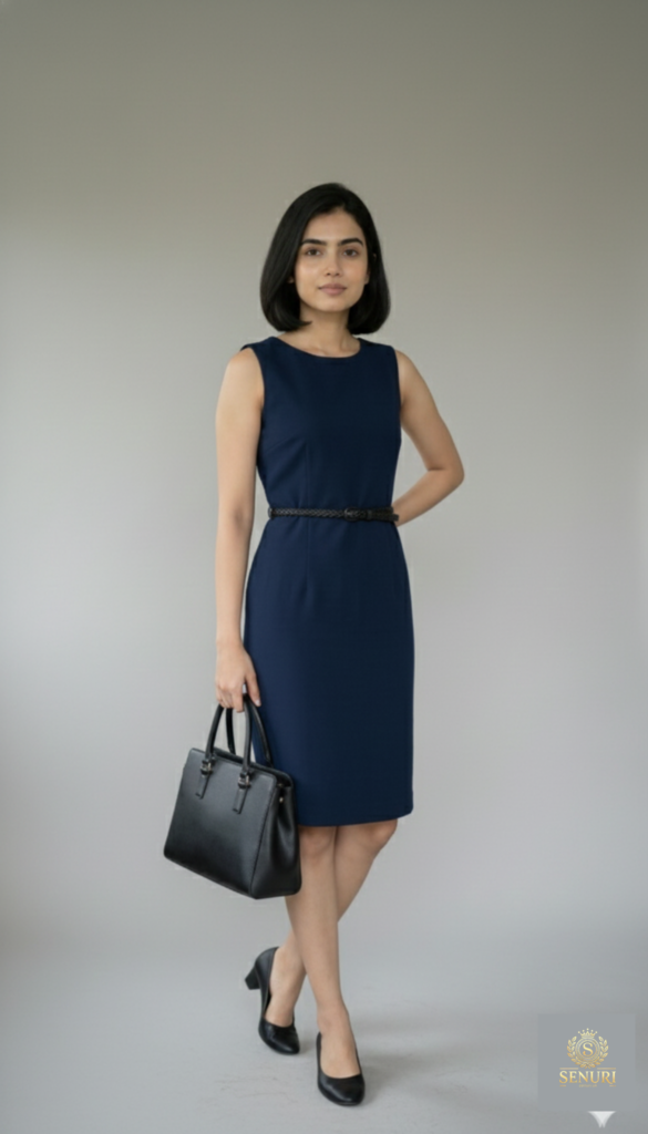 Navy Belted Sheath Dresss