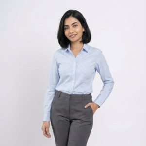 Blue striped shirt + grey trousers